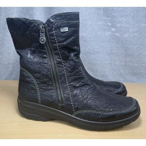 Rieker Black Leather Double Zip Lambs Wool Lined Ankle Boots Womens Size EU‎ 40